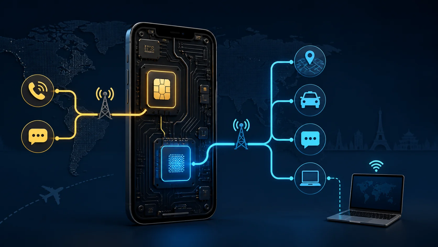 Two-line routing: the home SIM for calls and messages, and the travel eSIM for data and hotspot use
