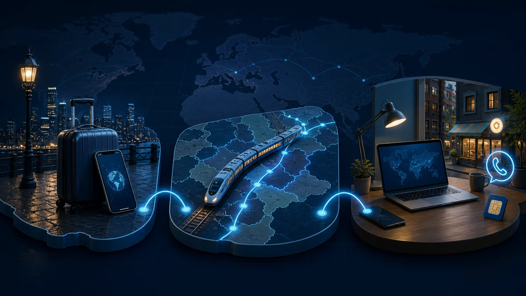 Three connectivity scenarios: a short city trip, a multi-country route, and a long stay