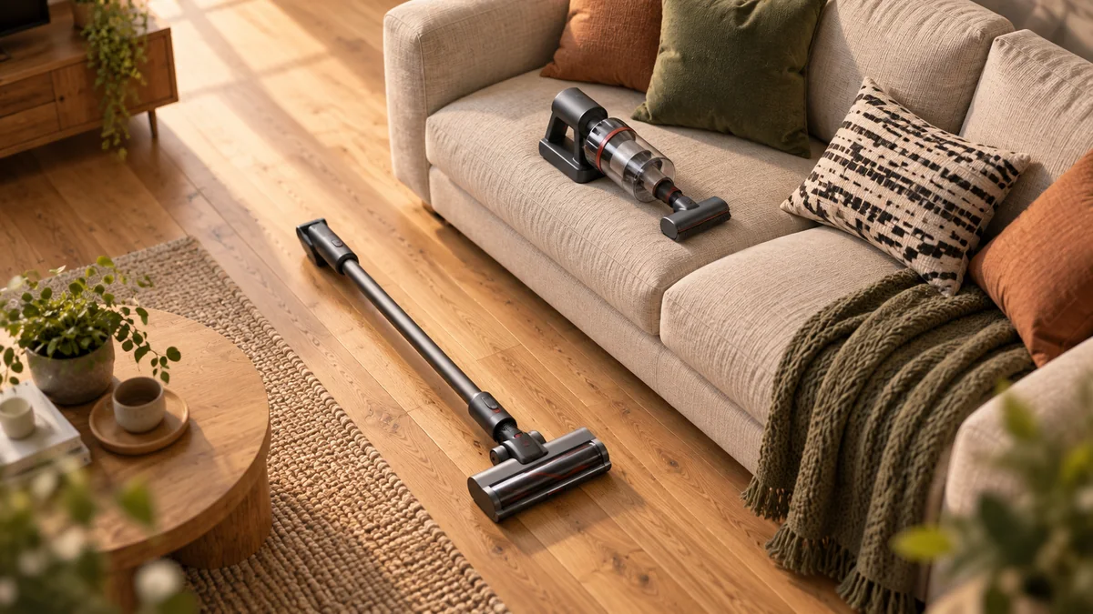 A handheld vacuum with a small upholstery head rests on a sofa; its detached tube and wide floorhead lie on the floor.